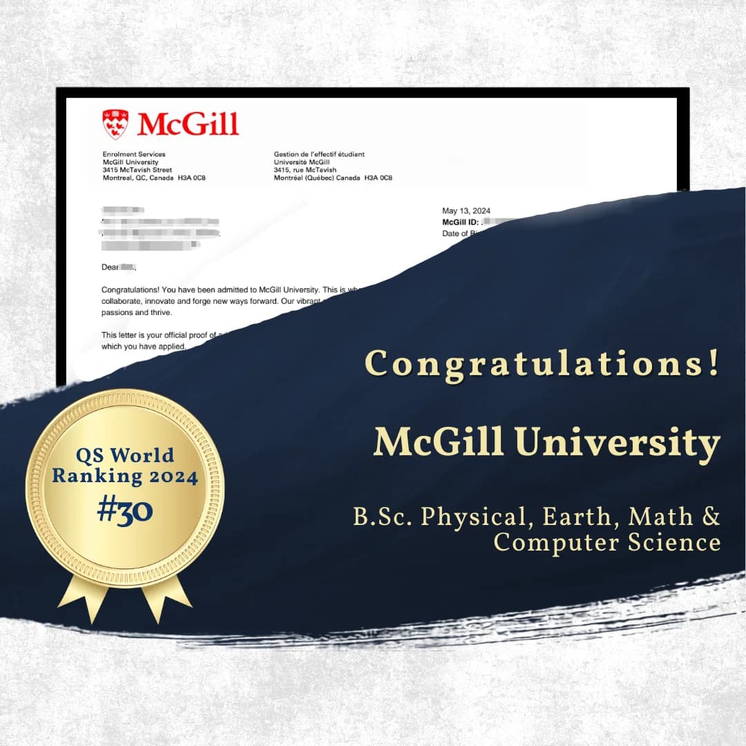 McGill University — B.Sc. Physical, Earth, Math & Computer Science offer of admission
