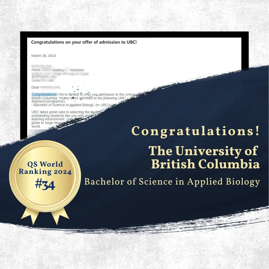 University of British Columbia — Bachelor of Science in Applied Biology offer of admission