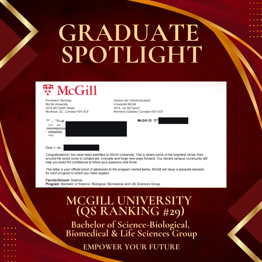 McGill University — Bachelor of Science: Biological, Biomedical & Life Sciences offer of admission
