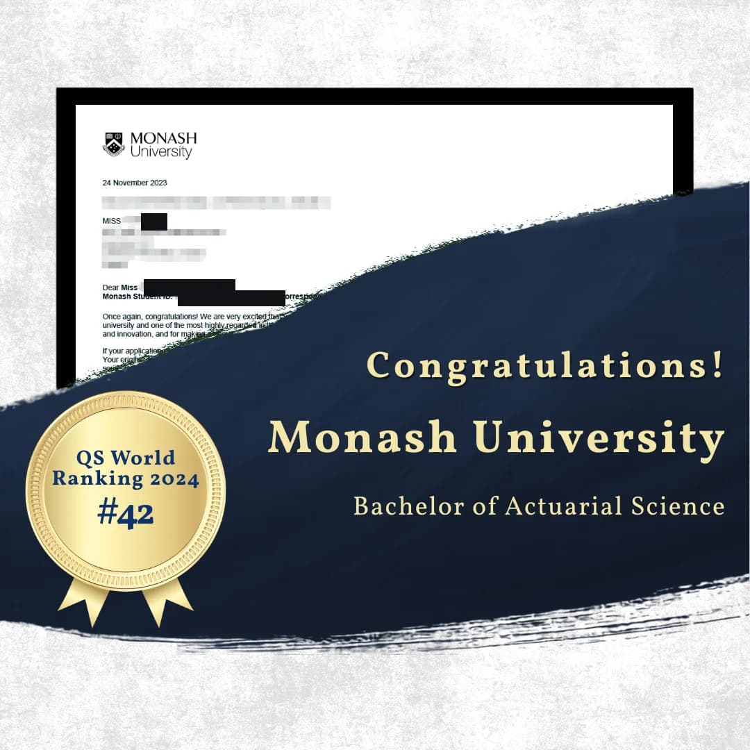 Monash University — Bachelor of Actuarial Science offer of admission
