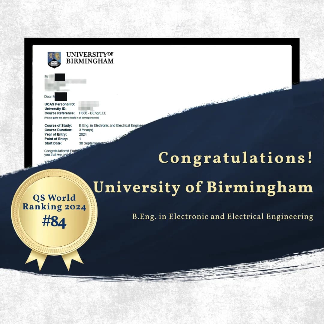 University of Birmingham — B.Eng. Electronic & Electrical Engineering offer of admission