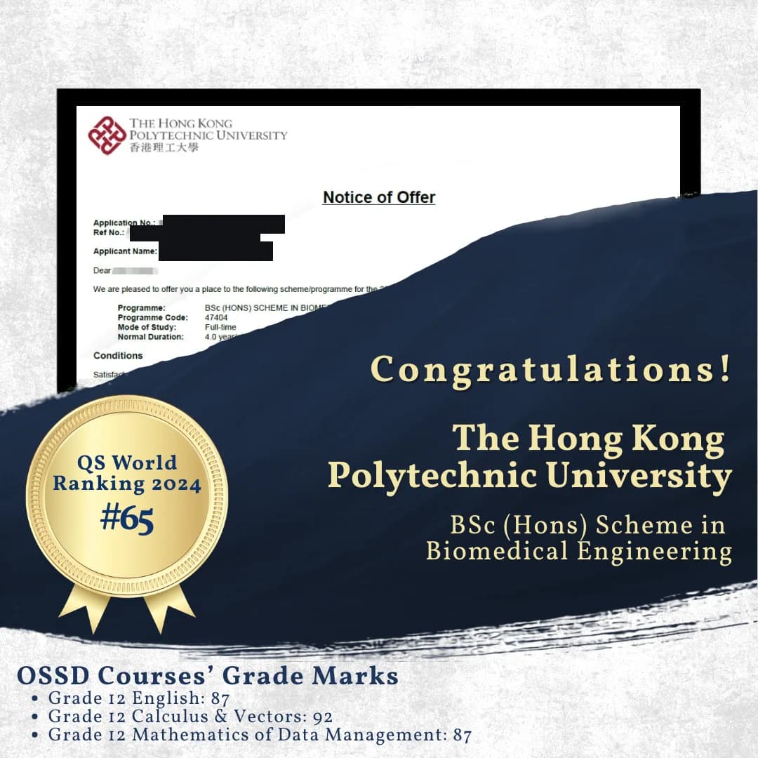 Hong Kong Polytechnic University — BSc (Hons) Biomedical Engineering offer of admission